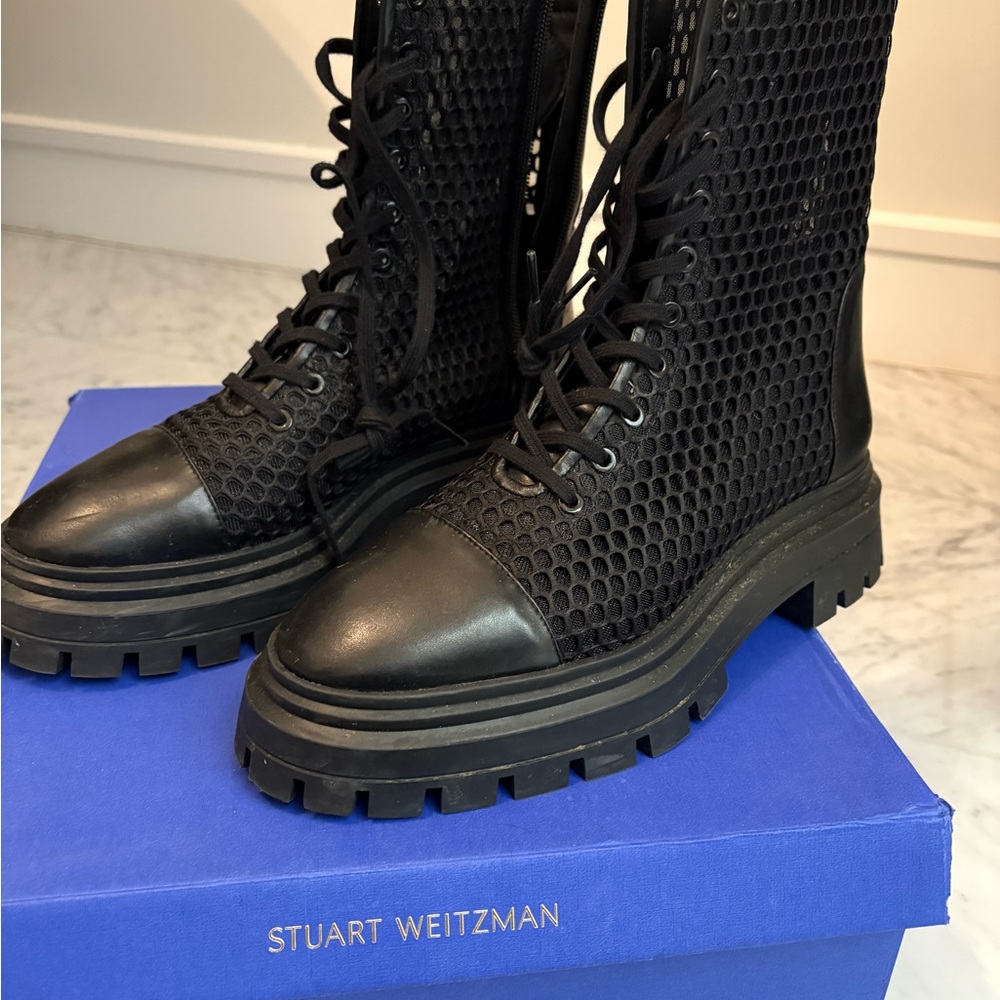Stuart Weitzman Black Mesh Lug Lace-Up Boots